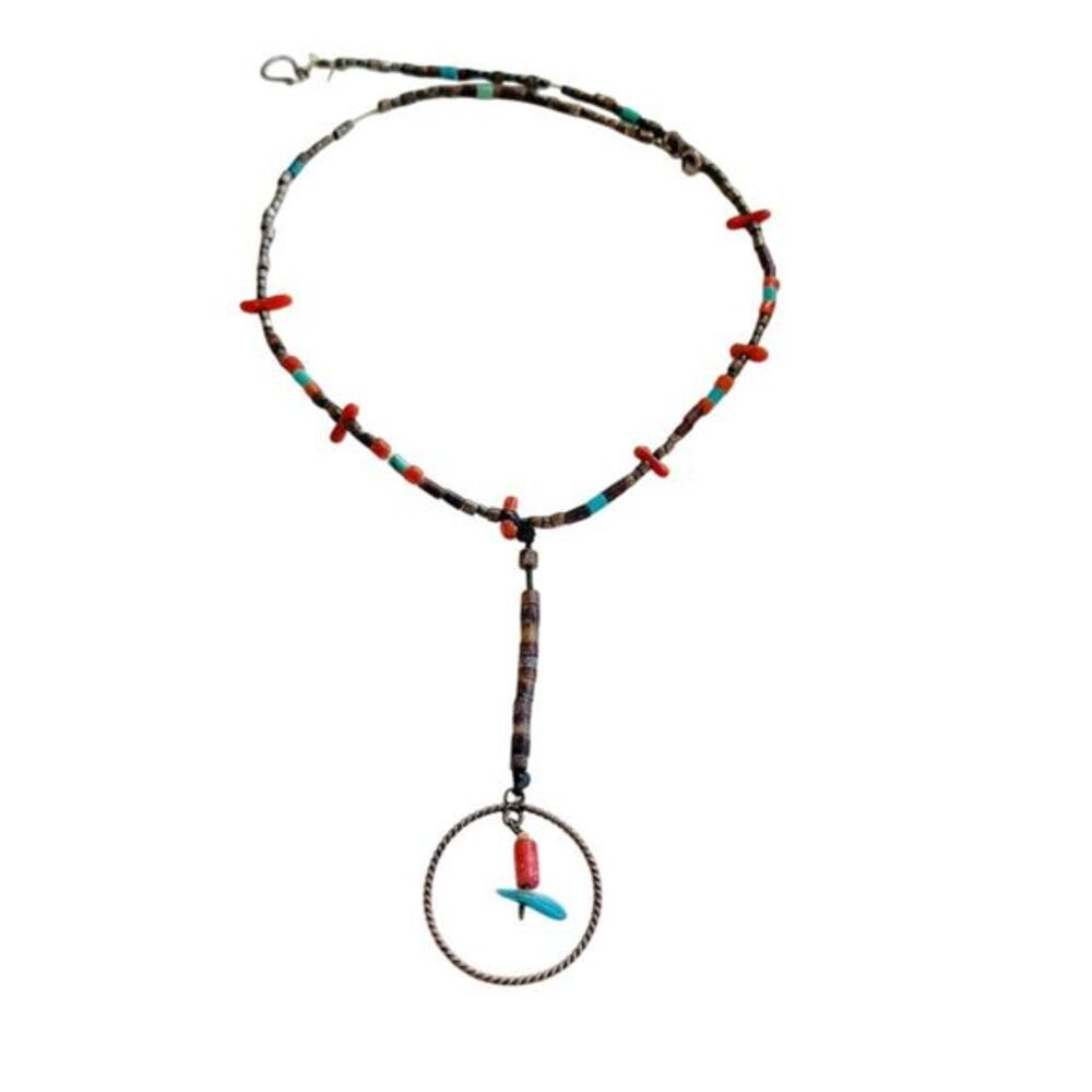 Vtg NAVAJO Beaded Necklace Coral Turquoise Native American Sterling‎ Silver 925